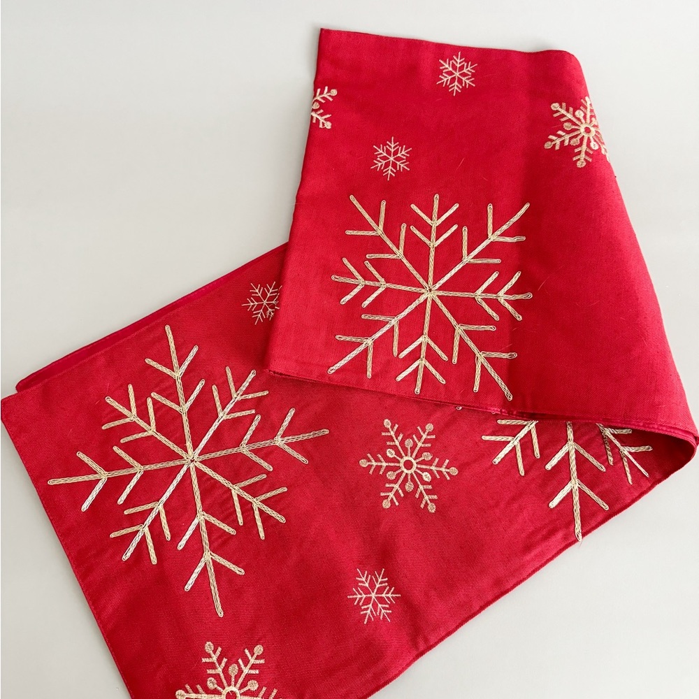Rachel Ashwell Red & Gold Embroidered Snowflake Christmas Table Runner, 72” Long